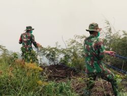 Tim patroli Satgas Karhutla Kodim 0402/OKI dan Karyawan PT Waskita Karya Berjibaku Padamkan Api.